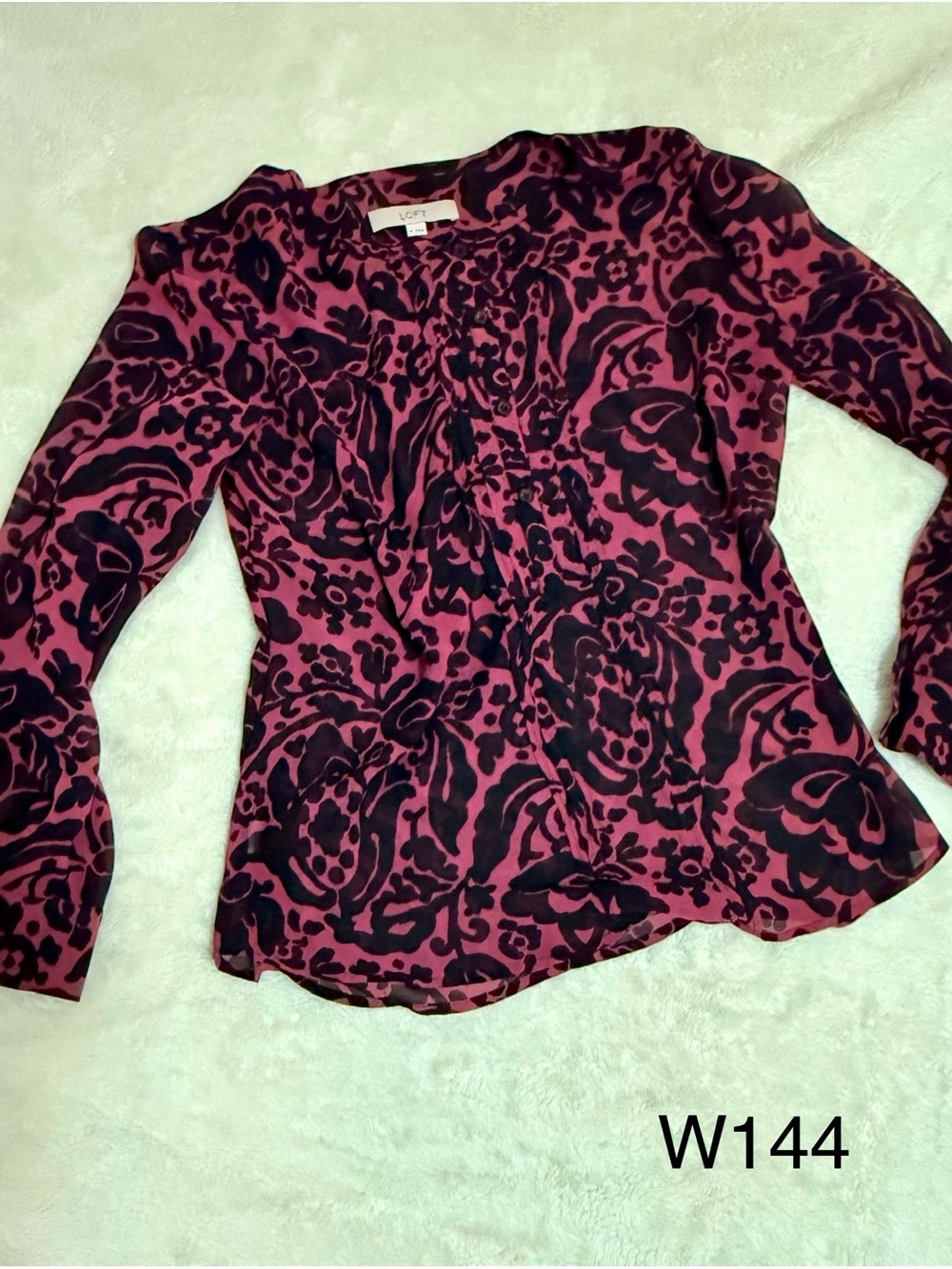 LOFT Magenta and Black Floral-Print Long Sleeve Blouse